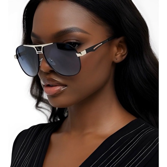 Accessories - Aviator Sunglasses Women Dark Lenses Silver Metal Frame Black Arms Chic Fashion
